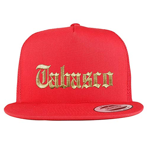 Trendy Apparel Shop Old English Tabasco Gold Embroidered 5 Panel Flatbill Trucker Mesh Cap