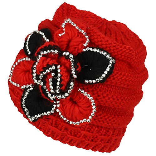 Trendy Apparel Shop Studded Floral Knitted Fleece Lined Beanie and Knit Scarf Set 2PC