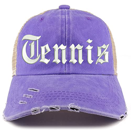 Trendy Apparel Shop Old English Tennis Frayed Bill Trucker Mesh Back Cap
