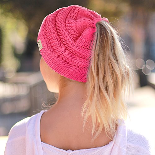 Trendy Apparel Shop Women's Lightweight Ribbed Knit 365 Stretchable Ponytail Beanie Cap