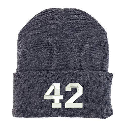Trendy Apparel Shop Number 42 Collegiate Varsity Embroidered Made in USA Cuff Folded Acylic Knit Winter Beanie Hat