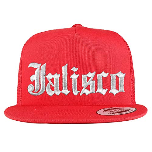 Trendy Apparel Shop Old English Jalisco White Embroidered 5 Panel Flatbill Trucker Mesh Cap