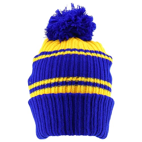 Trendy Apparel Shop Stripe Pattern Ribbed Knit Cuff Long Beanie with Pom Pom