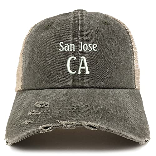 Trendy Apparel Shop San Jose CA Embroidered Frayed Bill Trucker Mesh Back Cap