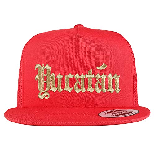Trendy Apparel Shop Old English Yucatan Gold Embroidered 5 Panel Flatbill Trucker Mesh Cap