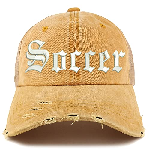 Trendy Apparel Shop Old English Soccer Frayed Bill Trucker Mesh Back Cap