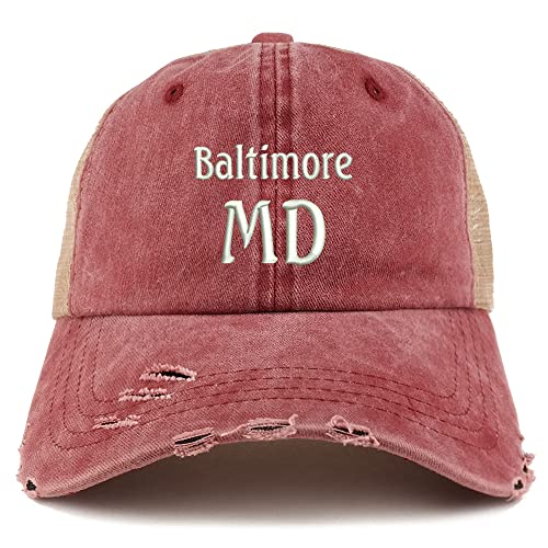 Trendy Apparel Shop Baltimore MD Embroidered Frayed Bill Trucker Mesh Back Cap