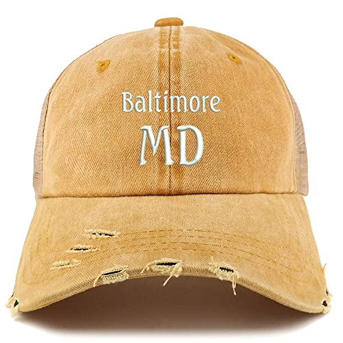Trendy Apparel Shop Baltimore MD Embroidered Frayed Bill Trucker Mesh Back Cap