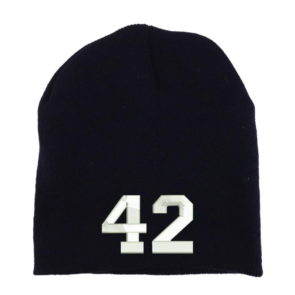 Trendy Apparel Shop Number 42 Collegiate Varsity Font Embroidered Made in USA Short Acrylic Knit Winter Beanie Hat