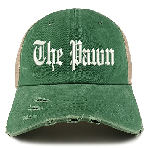 Trendy Apparel Shop The Pawn Old English Embroidered Frayed Bill Trucker Mesh Back Cap