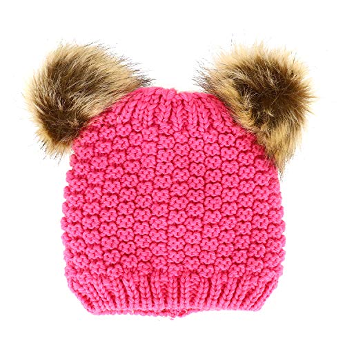 Trendy Apparel Shop Kid's Youth Size Girls Fur pom Ears Crochet Knit Beanie Hat