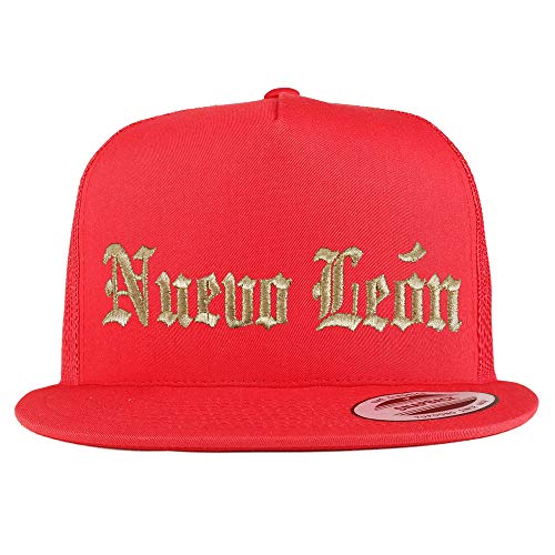 Trendy Apparel Shop Old English Nuevo Leon Gold Embroidered 5 Panel Flatbill Trucker Mesh Cap