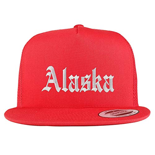 Trendy Apparel Shop Alaska State Old English 5 Panel Flatbill Trucker Mesh Cap