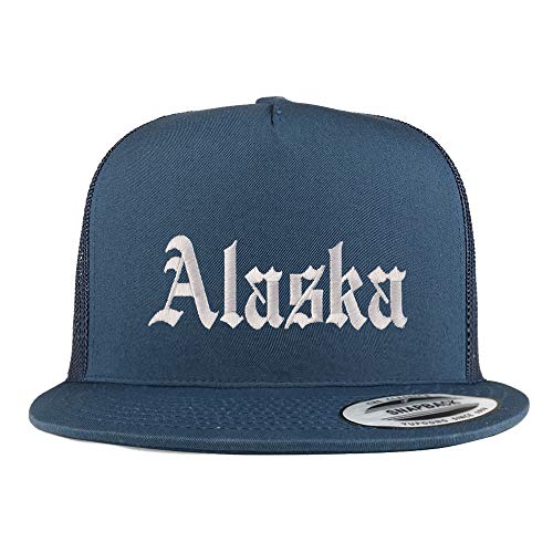 Trendy Apparel Shop Alaska State Old English 5 Panel Flatbill Trucker Mesh Cap