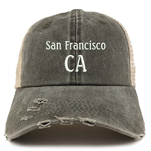 Trendy Apparel Shop San Francisco CA Embroidered Frayed Bill Trucker Mesh Back Cap