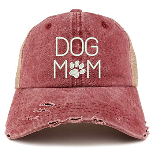 Trendy Apparel Shop Dog Mom with Paw Embroidered Frayed Bill Trucker Mesh Back Cap