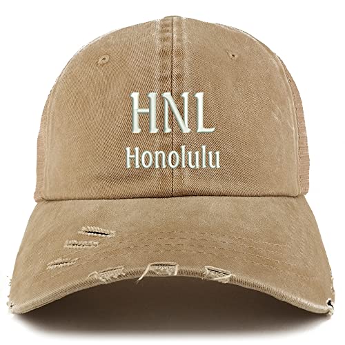 Trendy Apparel Shop HNL Honolulu Embroidered Frayed Bill Trucker Mesh Back Cap
