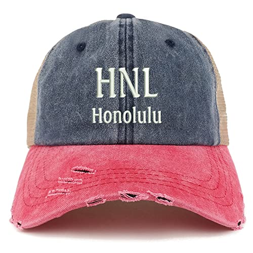 Trendy Apparel Shop HNL Honolulu Embroidered Frayed Bill Trucker Mesh Back Cap