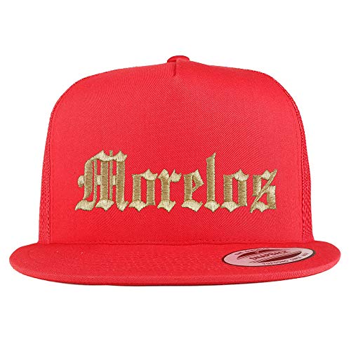 Trendy Apparel Shop Old English Morelos Gold Embroidered 5 Panel Flatbill Trucker Mesh Cap