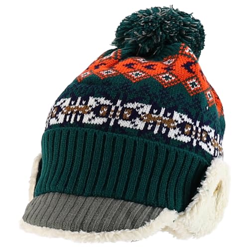 Trendy Apparel Shop Youth Size Kid's Warm Acrylic Brim Knit Winter Print Trapper Hat with Pom Pom