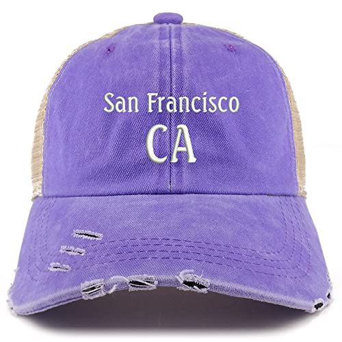 Trendy Apparel Shop San Francisco CA Embroidered Frayed Bill Trucker Mesh Back Cap