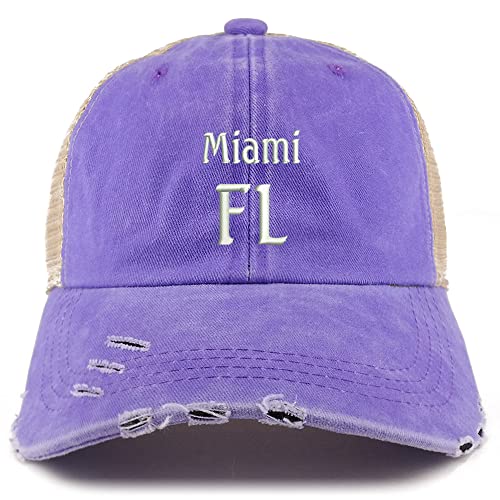 Trendy Apparel Shop Miami FL Embroidered Frayed Bill Trucker Mesh Back Cap