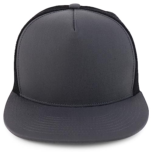 Trendy Apparel Shop Structured High Crown 5 Panel Round Flat Bill Trucker Cap