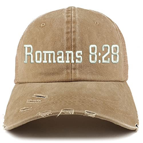 Trendy Apparel Shop Romans 8:28 Frayed Bill Trucker Mesh Back Cap