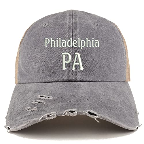Trendy Apparel Shop Philadelphia PA Embroidered Frayed Bill Trucker Mesh Back Cap
