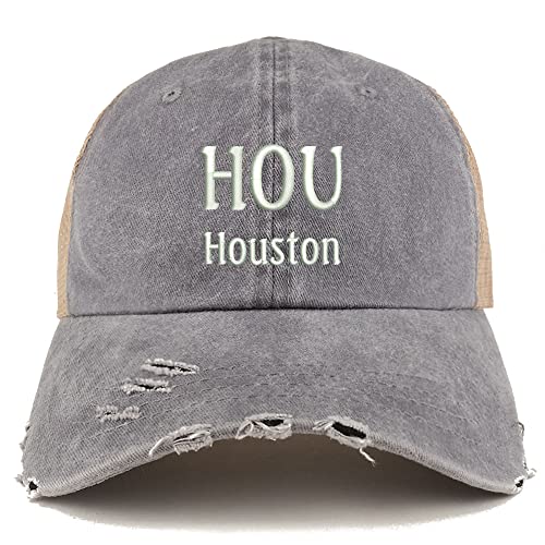 Trendy Apparel Shop HOU Houston Embroidered Frayed Bill Trucker Mesh Back Cap