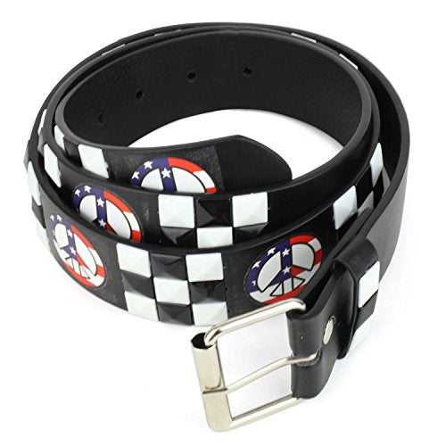 Trendy Apparel Shop USA Flag Peace Logo Printed Color Tile Genuine Leather Belt