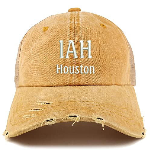 Trendy Apparel Shop IAH Houston Embroidered Frayed Bill Trucker Mesh Back Cap