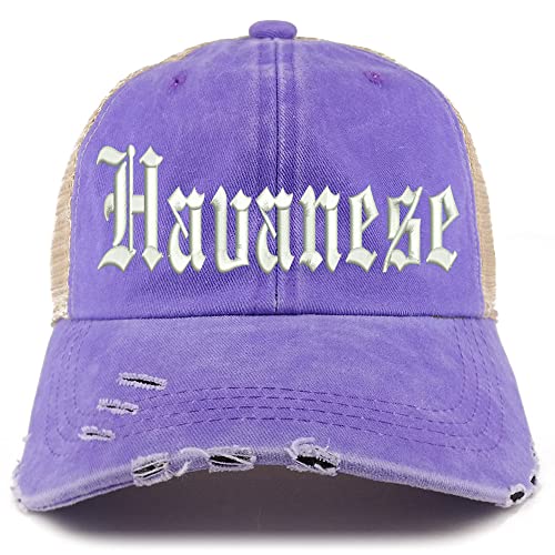 Trendy Apparel Shop Old English Havanese Frayed Bill Trucker Mesh Back Cap
