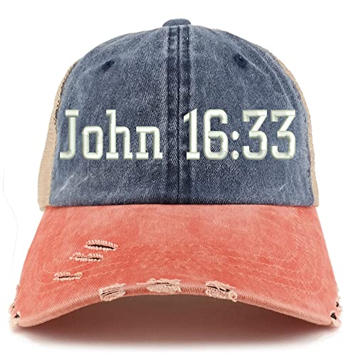 Trendy Apparel Shop John 16:33 Frayed Bill Trucker Mesh Back Cap
