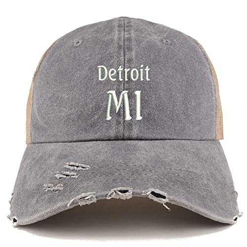 Trendy Apparel Shop Detroit MI Embroidered Frayed Bill Trucker Mesh Back Cap
