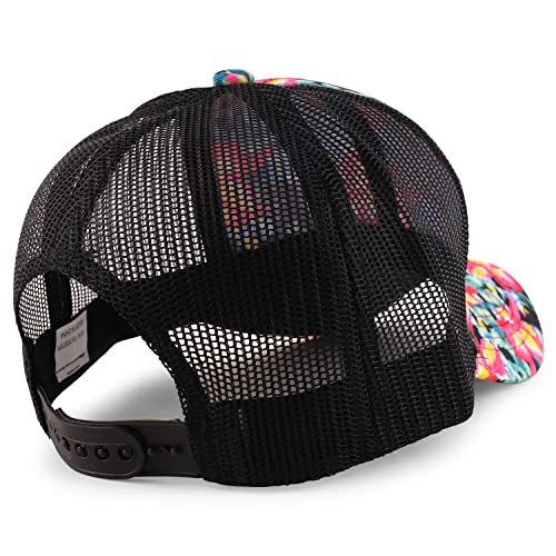 Trendy Apparel Shop Tropical Flower Hibiscus Pattern Print Trucker Mesh Ball Cap