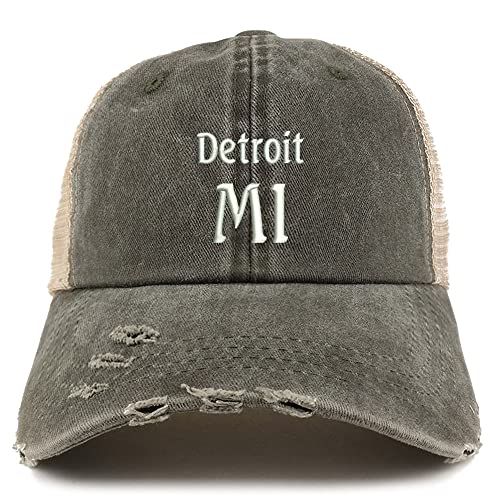 Trendy Apparel Shop Detroit MI Embroidered Frayed Bill Trucker Mesh Back Cap
