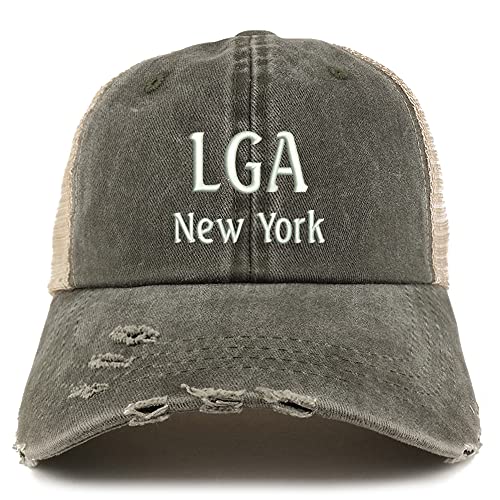 Trendy Apparel Shop LGA New York Embroidered Frayed Bill Trucker Mesh Back Cap