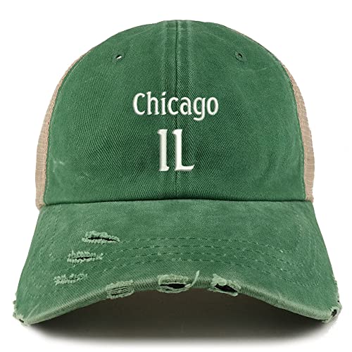 Trendy Apparel Shop Chicago IL Embroidered Frayed Bill Trucker Mesh Back Cap