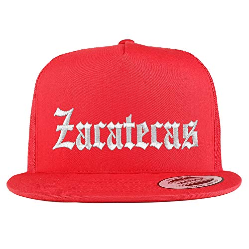 Trendy Apparel Shop Old English Zacatecas White Embroidered 5 Panel Flatbill Trucker Mesh Cap