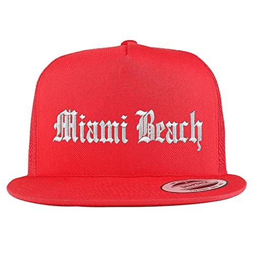 Trendy Apparel Shop Miami Beach Old English 5 Panel Flatbill Trucker Cap