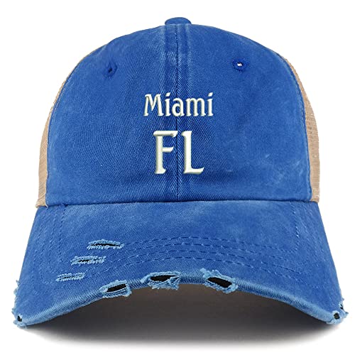 Trendy Apparel Shop Miami FL Embroidered Frayed Bill Trucker Mesh Back Cap