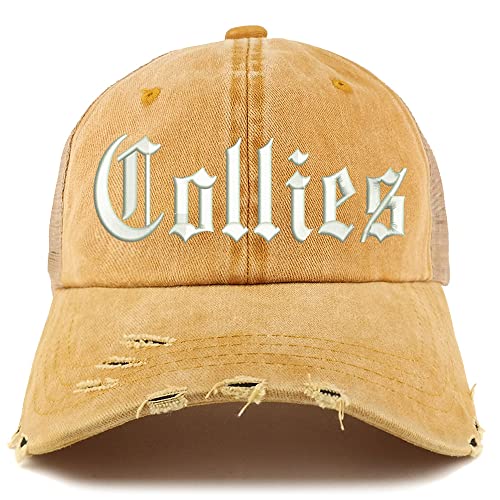 Trendy Apparel Shop Old English Collies Frayed Bill Trucker Mesh Back Cap