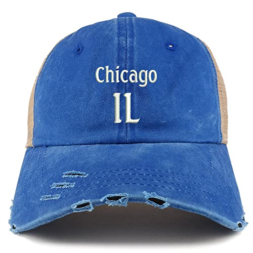 Trendy Apparel Shop Chicago IL Embroidered Frayed Bill Trucker Mesh Back Cap