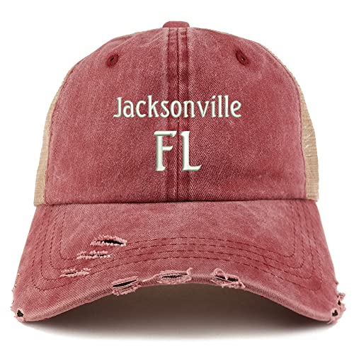 Trendy Apparel Shop Jacksonville FL Embroidered Frayed Bill Trucker Mesh Back Cap