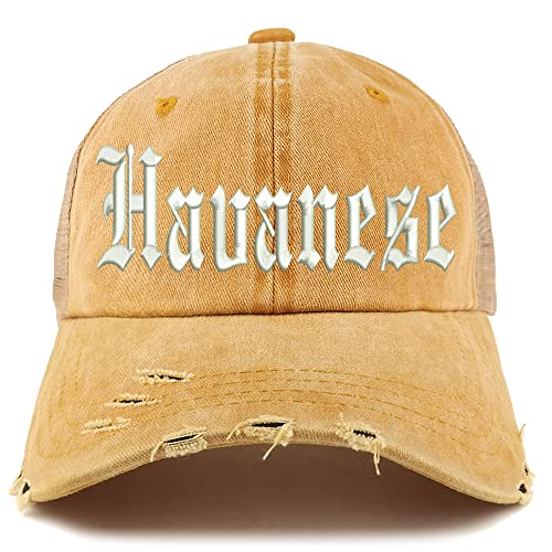Trendy Apparel Shop Old English Havanese Frayed Bill Trucker Mesh Back Cap