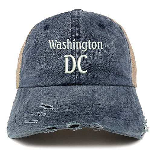 Trendy Apparel Shop Washington DC Embroidered Frayed Bill Trucker Mesh Back Cap