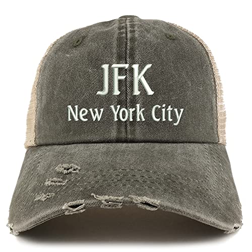 Trendy Apparel Shop JFK New York City Embroidered Frayed Bill Trucker Mesh Back Cap