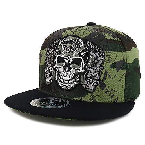Trendy Apparel Shop Three Skull Embroidered 5 Panel Flatbill Snapback Hat