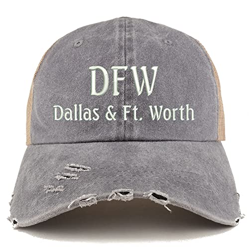 Trendy Apparel Shop DFW Dallas and Fort Worth Embroidered Frayed Bill Trucker Mesh Back Cap
